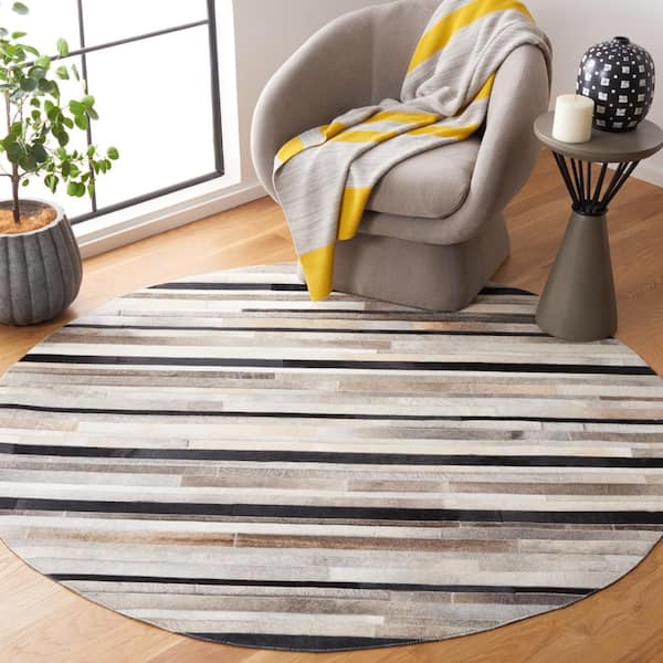 Studio Leather Ivory Black 6 ft. x 6 ft. Striped Round Area Rug