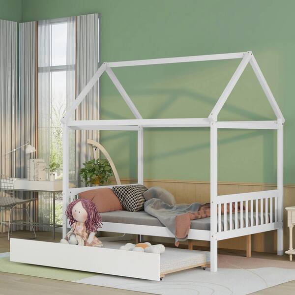 Qualler White Full Size House Bed with Trundle