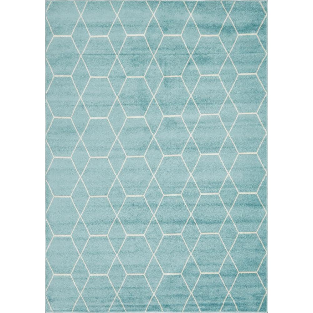 Light Blue Trellis Frieze Easy-Care Rectangular Area Rug