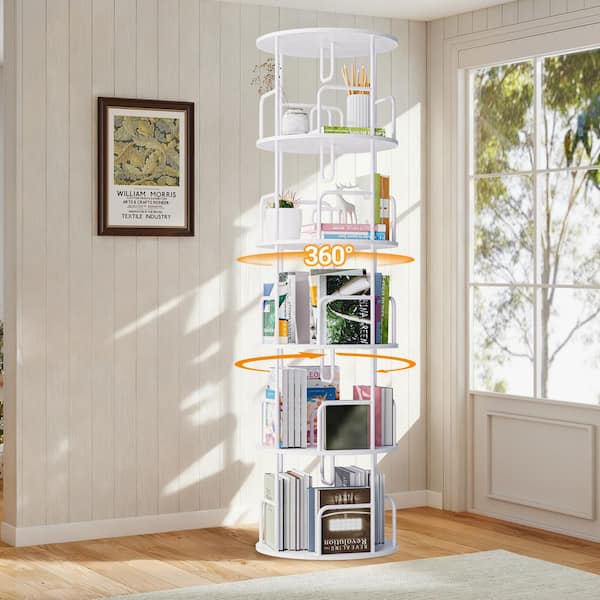 Emmett 62.2 in. Wide White Wood 5 Tier Revolving 360 Bookcase, Tall Bookcase