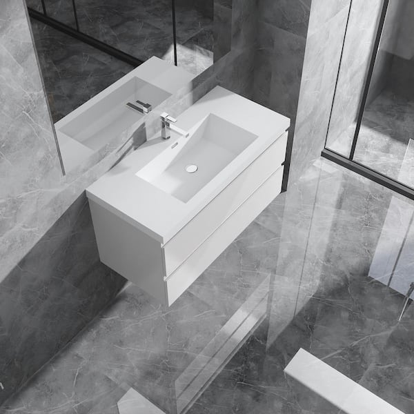 Alice 42 in. W x 20 in. D x 22 in. H Single Floating Bathroom Vanity in Gloss White with Solid Surface Sink Top in White