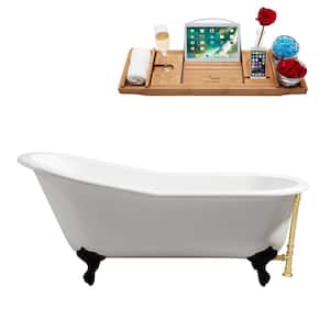 67 in. x 30 in. Cast Iron Clawfoot Soaking Bathtub in Glossy White with Matte Black Clawfeet and Polished Gold Drain