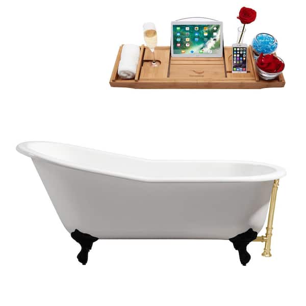 Streamline 67 in. x 30 in. Cast Iron Clawfoot Soaking Bathtub in Glossy White with Matte Black Clawfeet and Polished Gold Drain