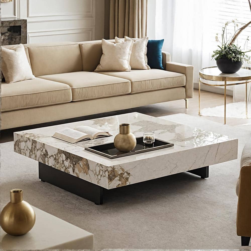 JASIWAY White 39.37 in. Square Rock Plate Stone Top Coffee Table J JASIWAY White 39.37 in. Square Rock Plate Stone Top Coffee Table J