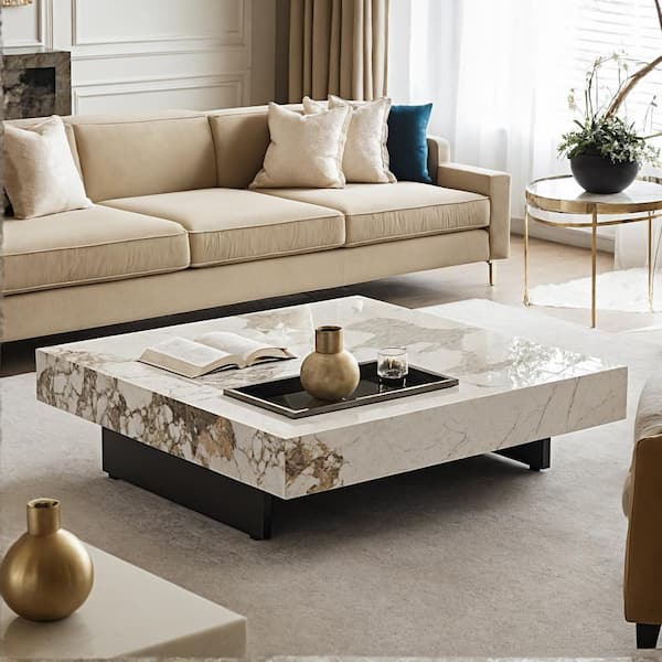 White 39.37 in. Square Rock Plate Stone Top Coffee Table