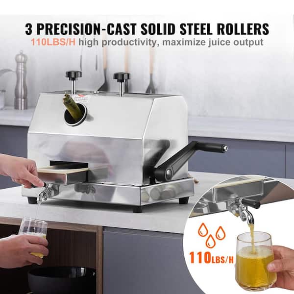 Commercial Sugar Cane Juicer, 110 lbs./H Output, 3 Stainless Steel Rollers, 2.4 in. Inlet, Manual, Commercial/Home Use