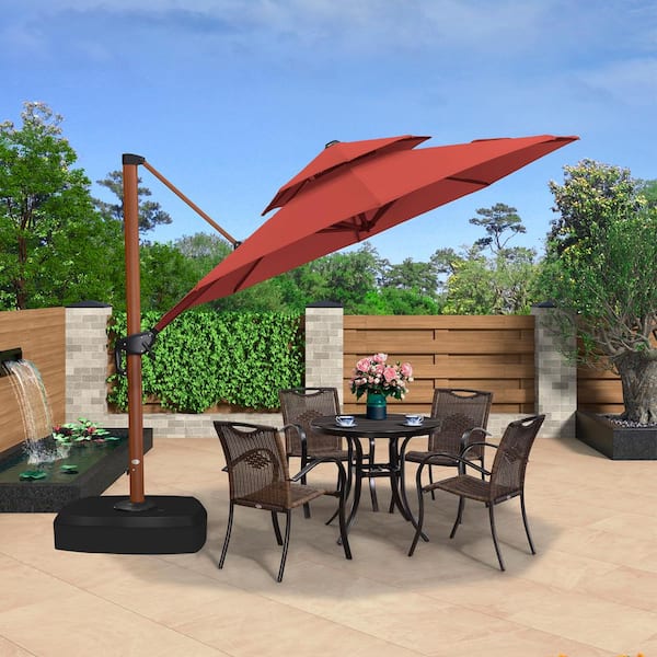 PURPLE LEAF 10 ft. Octagon High-Quality Wood Pattern Aluminum Cantilever Polyester Patio Umbrella with Wheels Base, Brick Red
