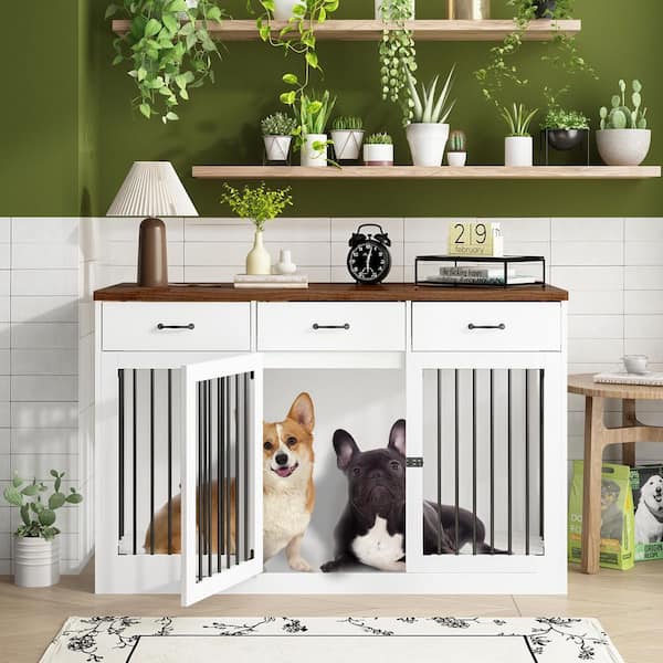 FUFU&GAGA Heavy-Duty Dog Kennels Crate Storage Cabinet, Decorative Large Dog House Furniture Dog Cage with 3-Drawers, White