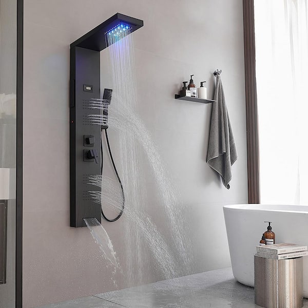 4-Jet Rainfall Shower Panel System with Waterfall Shower Head, Shower Wand with LED Light in Matte Black