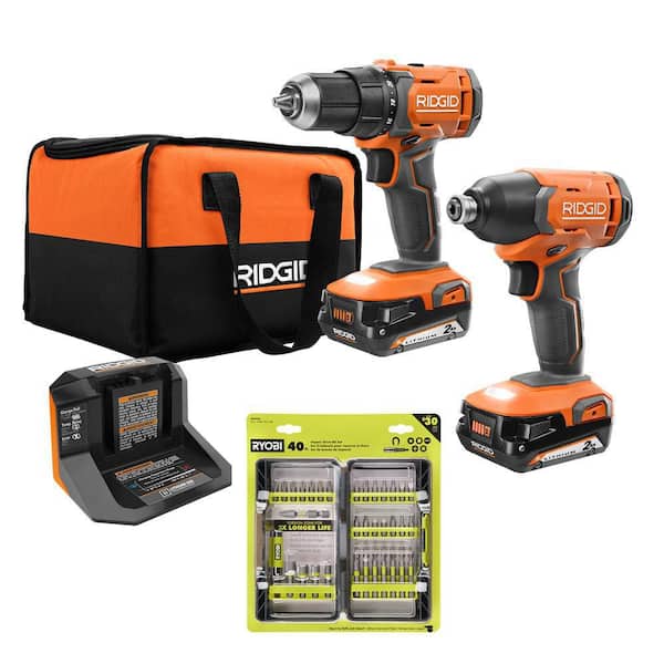 RIDGID R9272-AR2038 18V Cordless 2-Tool Combo Kit with Batteries, Charger, Bag and Impact Rated Driving Kit (40-Piece) - 1