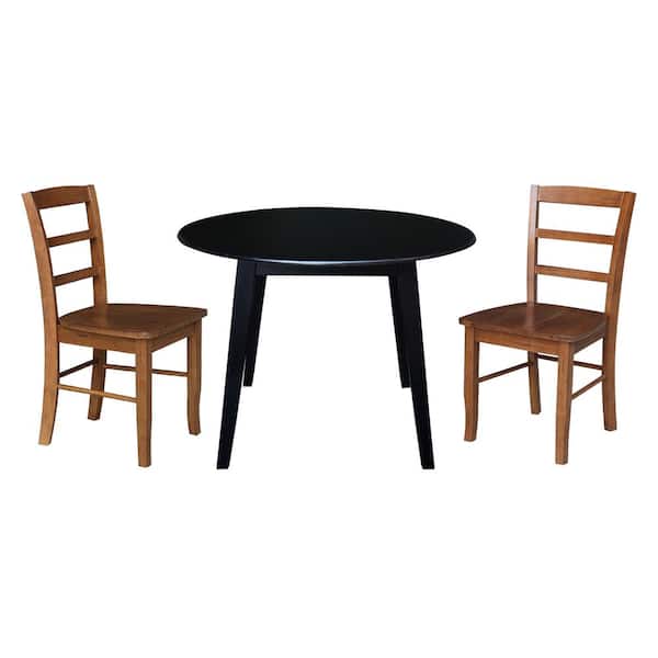 International Concepts 3-Piece Set, Black/Distressed Oak 42 in Solid Wood Drop-leaf Leg Table and 2 Madrid Chairs