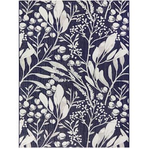Berry Leaves Navy 5 ft. x 7 ft. Floral Indoor/Outdoor Area Rug