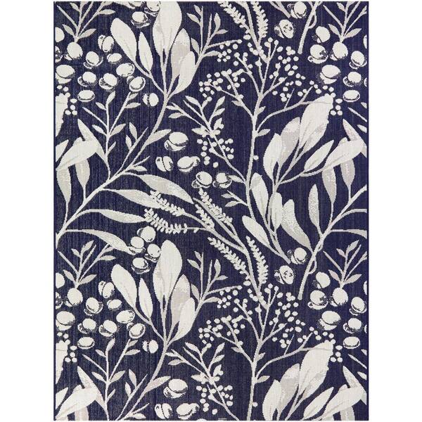 Hampton Bay Berry Leaves Navy 5 ft. x 7 ft. Floral Indoor/Outdoor Patio Area Rug