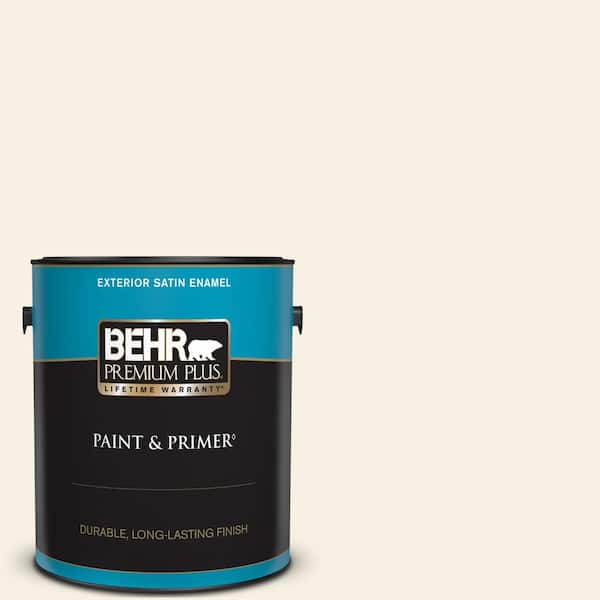 BEHR PREMIUM PLUS 1 gal. #OR-W14 White Veil Satin Enamel Exterior Paint & Primer