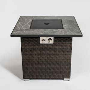 Brown 30 in. Wicker Outdoor Fire Pit Table, Propane Gas Fire Pit Table with Lid, Glass Rocks and Rain Cover