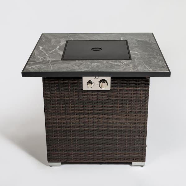 Unbranded Brown 30 in. Wicker Outdoor Fire Pit Table, Propane Gas Fire Pit Table with Lid, Glass Rocks and Rain Cover