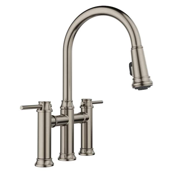 Empressa 2-Handle Pull-Down Bridge Kitchen Faucet in Satin Platinum
