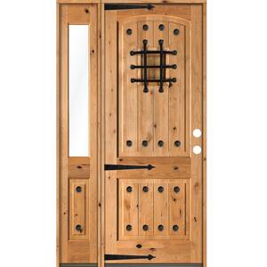62 in. x 96 in. Mediterranean Knotty Alder Left-Hand/Inswing Clear Glass Clear Stain Wood Prehung Front Door w/Sidelite