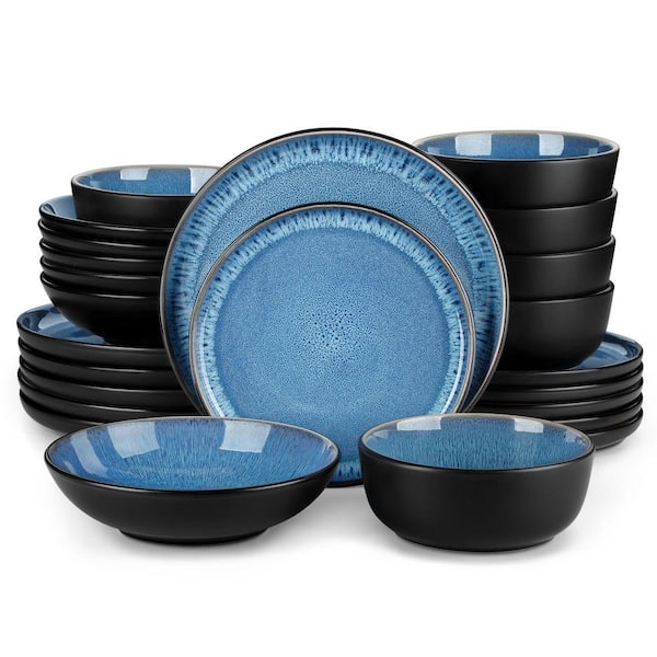 24-Piece Blue and Black Stoneware Dinnerware Set Service for 6 with Dinner Plate Dessert Plate Pasta Bowl Cereal Bowl