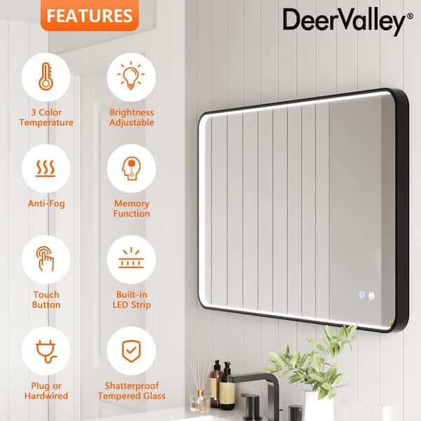 36 in. W x 24 in. H Rectangular Framed Dimmable LED Light Anti-Fog Wall Bathroom Vanity Mirror in Black