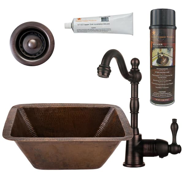Premier Copper Products Bronze 16 Gauge Copper 17 in. Dual Mount Rectangle Bar Sink with Faucet and 2 in. Strainer Drain