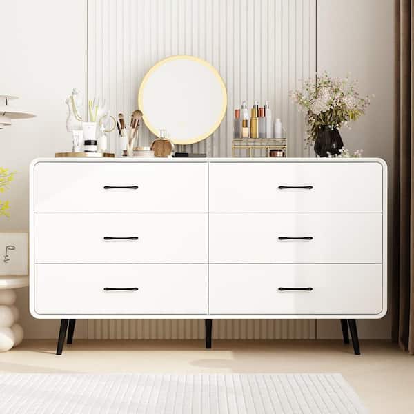 FUFU&GAGA White 6 Drawer 54.9 in. W Dresser without Mirror, Chest of Drawers with High Capacity Storage and Rounded Corners