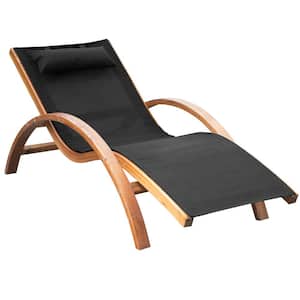 Black Outdoor Patio Wood Chaise Lounge Chair with Pillow Armrests Breathable Sling Mesh and Comfortable Curved Design