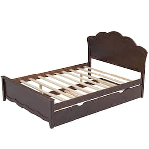 Brown Wood Frame Full Size Platform Bed with Twin Size Trundle and Headboard