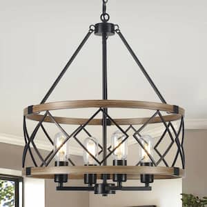 4-Light Black & Imitation Wood Grain Farmhouse Chandeliers Drum Chandelier with Metal Shade For Dining Rooms