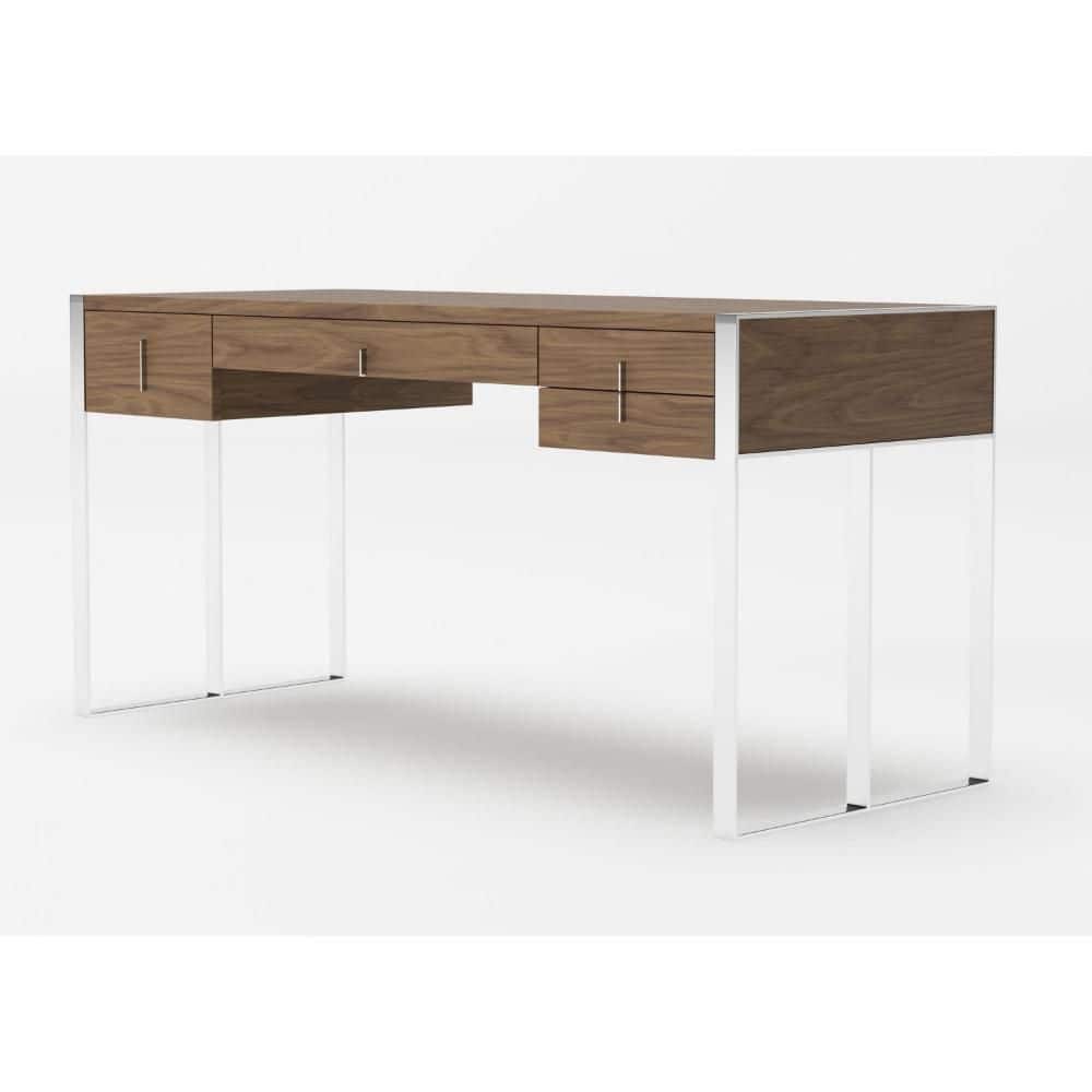 62.25 in. Rectangular Walnut Brown Wood 4-Drawer Writing Desk with Chrome Metal Frame