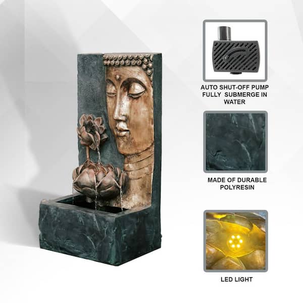 30 in. H Zen Buddha Face Water Fountain w/ LED light & Pump, Indoor/Outdoor Freestanding, Bronze and Natural Grey