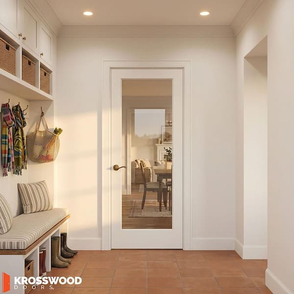 36 in. x 80 in. 1-Lite Left-Hand Clear Glass MDF Primed Single Assembly Required Interiordoor Kit w/ Quick Assemble Jamb