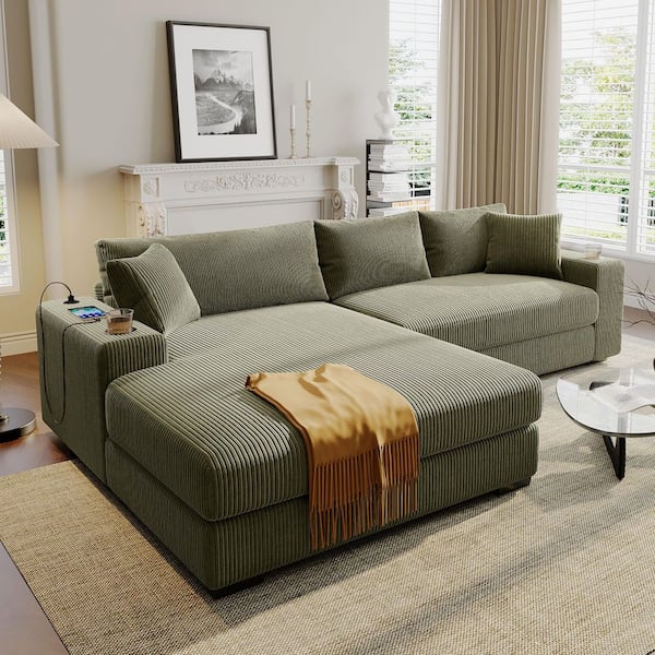 111.5 in. Square Arm L-Shape Corduroy Sectional Sofa in Green with USB Charging Ports, Cup Holders