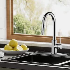 Single Handle Pull Down Sprayer Kitchen Faucet with Deckplate and Flexible Hose in Polished Chrome