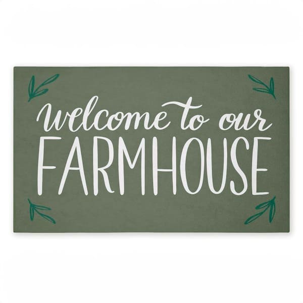 Farmhouse Welcome with Sprigs Green 18 in. x 30 in. Polyester Non-Slip Outdoor Door Mat
