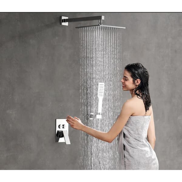 Single Handle 2-Spray Shower Faucet 1.8 GPM 10 in. Square Wall Mounted Shower with Pressure Balance in. Chrome