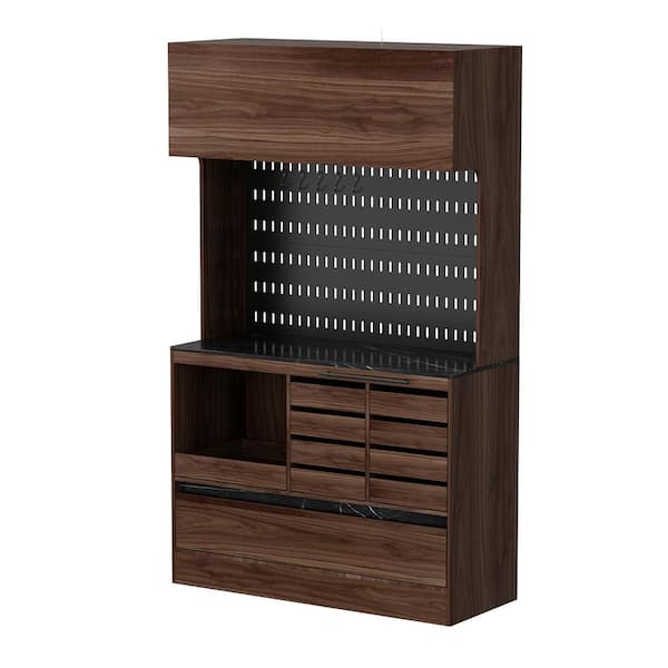 FUFU&GAGA Brown Color Wood 47.2 in. W Buffet Kitchen Cabinet Food Pantry with Metal hooks, Drawers, Open Worktable (78.7 in. H)