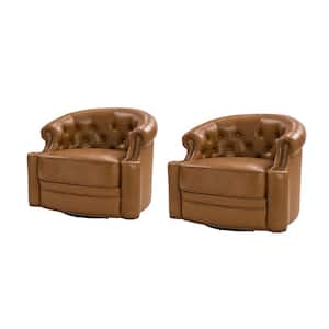 Amalia Camel 31.5 in. W Genuine Leather Swivel Chair with Tufted Back and Nailhead Trim Arm and Base (Set of 2)