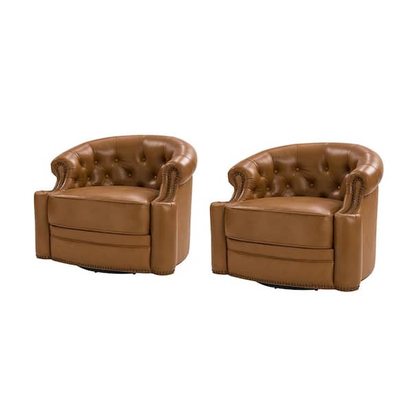 JAYDEN CREATION Amalia Camel 31.5 in. W Genuine Leather Swivel Chair with Tufted Back and Nailhead Trim Arm and Base (Set of 2)