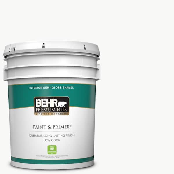 BEHR PREMIUM PLUS 5 gal. Ultra Pure White Semi-Gloss Enamel Low Odor Interior Paint & Primer