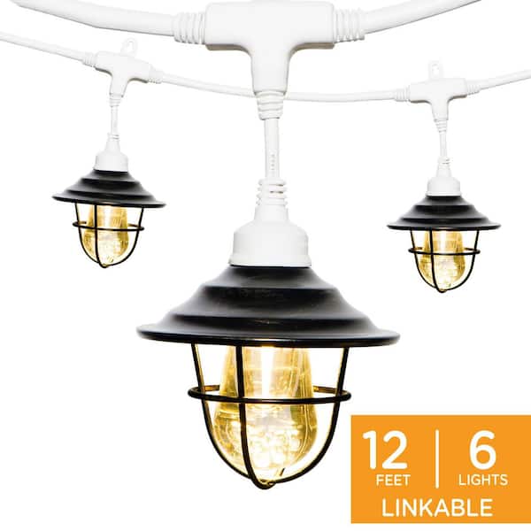 Enbrighten 6-Bulbs 12 ft. Indoor/Outdoor White Plug-In Integrated LED String Lights, Acrylic Edison Bulbs, Oil-Rubbed Bronze Shades