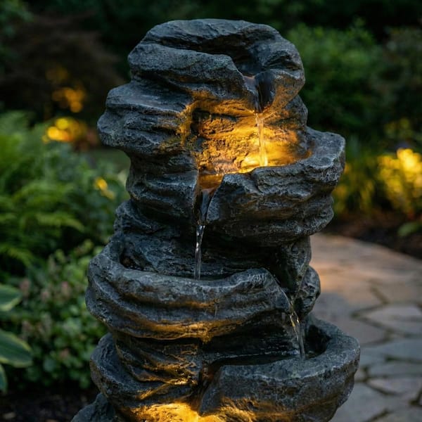 6-Tier Outdoor Cascade Stone Fountain with 3-LED Lights,for Garden