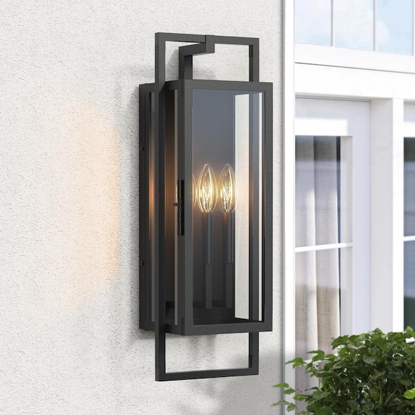 Black Dusk Outdoor Decorators 27 in. Lantern Sconce with No Bulbs Included Sand to Dawn 3-Light Hardwired Wall