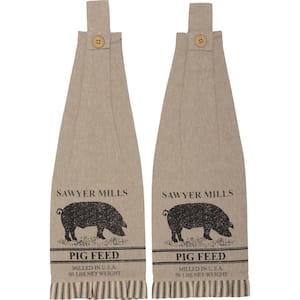 Sawyer Mill Beige Charcoal Pig Button Loop Cotton Kitchen Tea Towel Set (Set of 2)