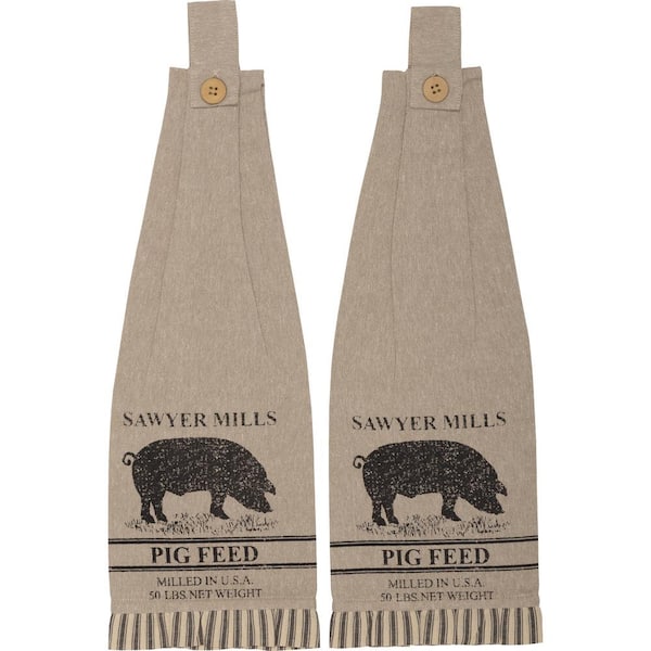 VHC BRANDS Sawyer Mill Beige Charcoal Pig Button Loop Cotton Kitchen Tea Towel Set (Set of 2)