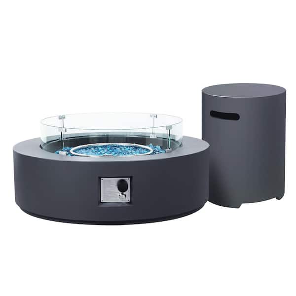 42 in. Dark Grey Magnesium Oxide Outdoor Round Gas Fire Pit Table with Gas Tank Cover and Wind Guard