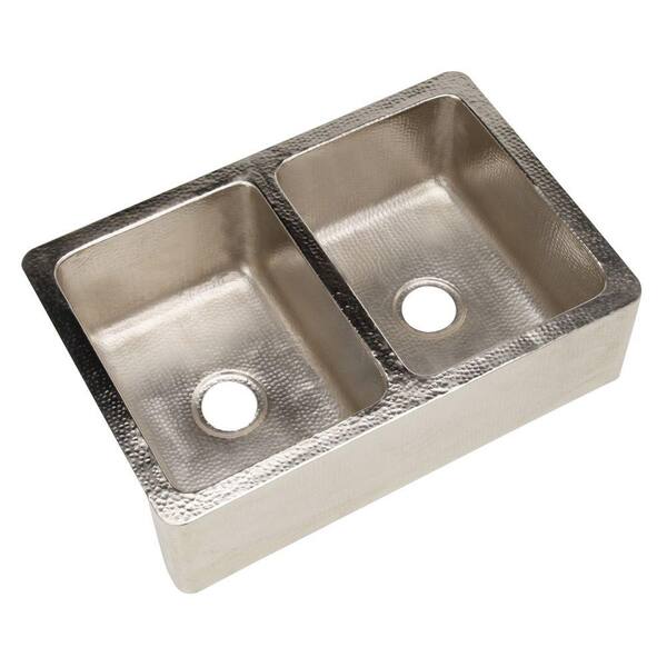 SINKOLOGY Rockwell Farmhouse Apron Front Handcrafted 33 in. Double Basin Kitchen Sink in Hammered Nickel