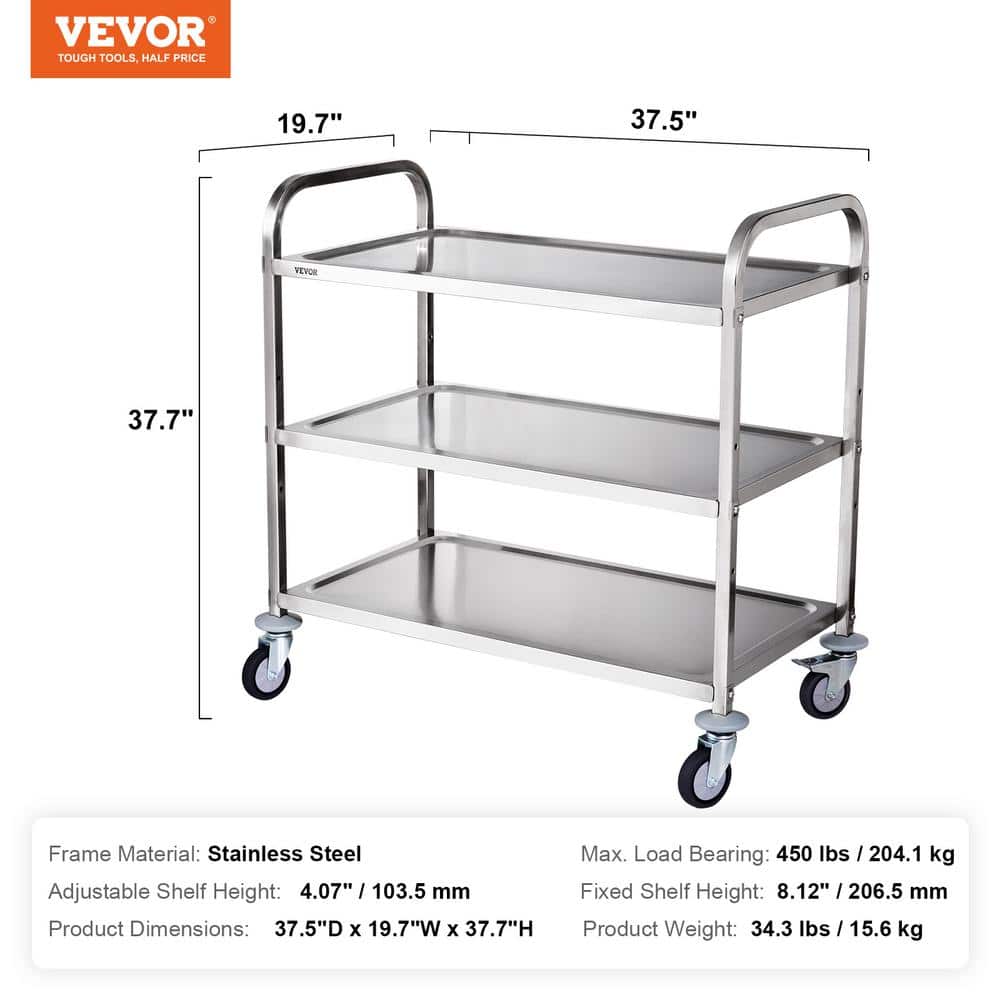 Silver 3-Tier Stainless Steel Rolling Utility Cart