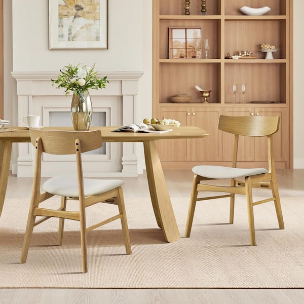 Lev Cream/Oak Fabric Modern Farmhouse Upholstered Dining Chairs with Contoured Low Back for Dinning Room (Set of 2)