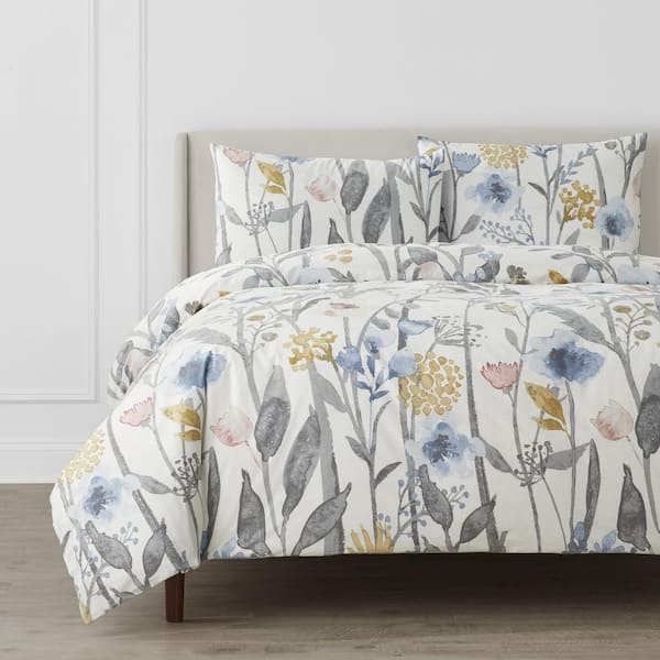 Home Decorators Collection Purcell 3-Piece Washed Denim Botanical Full/Queen Duvet Cover Set